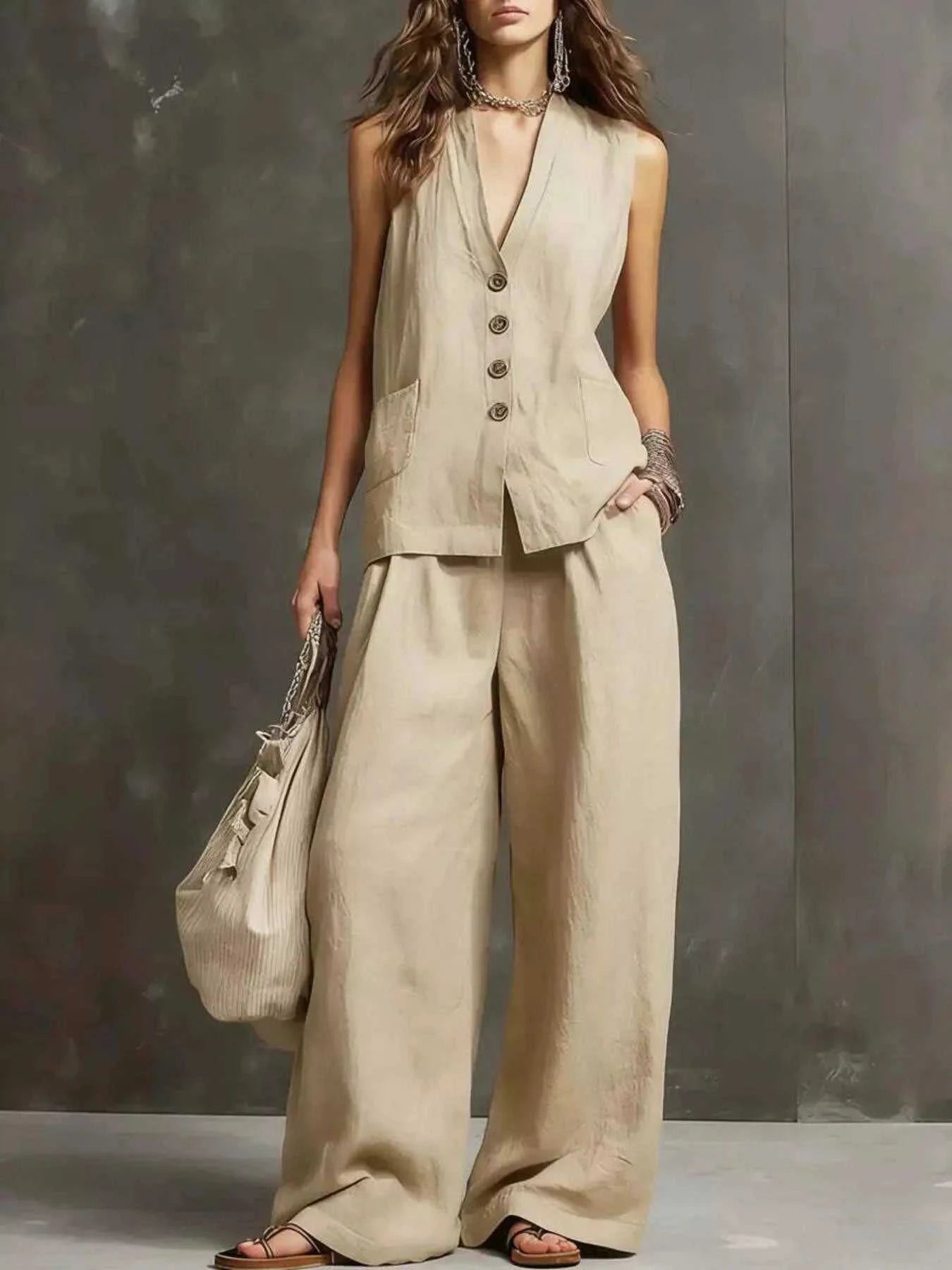 Full Size Sleeveless Vest and Wide-Leg Pants Set Plus SIze - GlowUp Garments