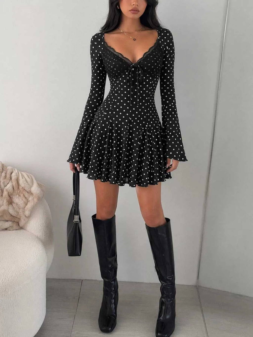 Polka Dot Lace Trimmed V-Neck Mini Dress - GlowUp Garments