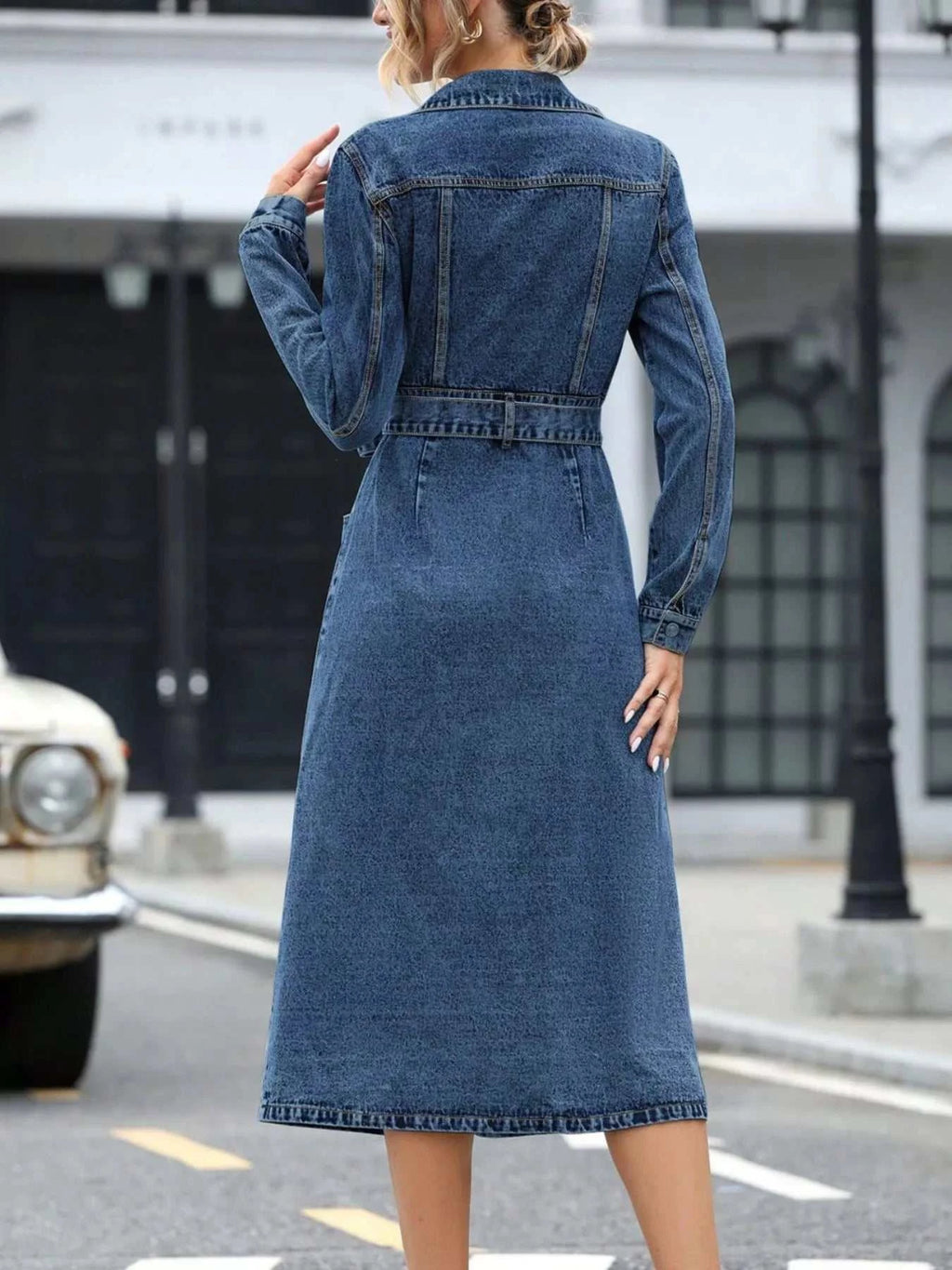 Belted Long Sleeve Denim Dress - GlowUp Garments