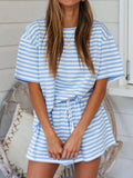 Striped Short Sleeve Tee and Drawstring Shorts Set - GlowUp Garments