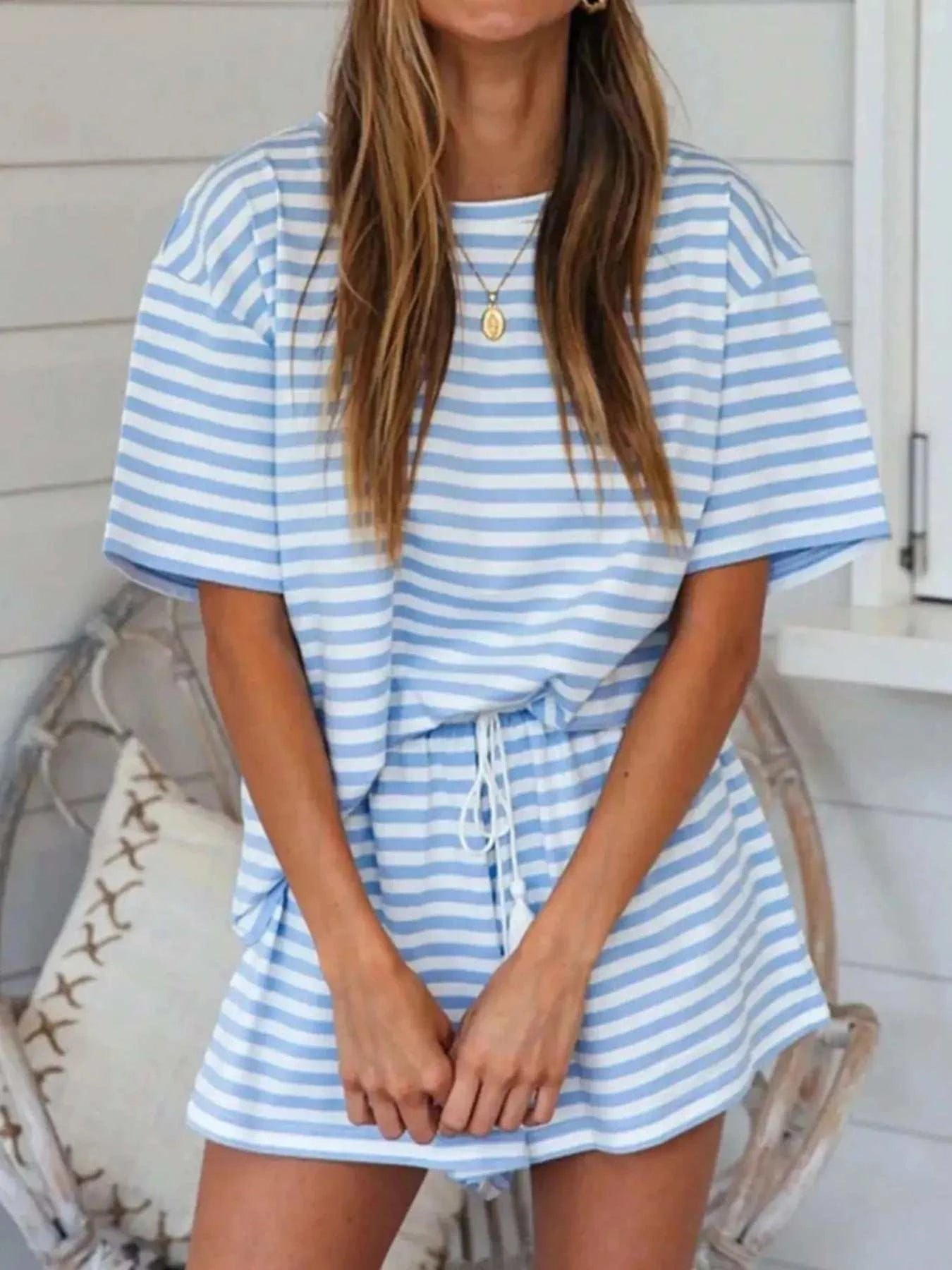 Striped Short Sleeve Tee and Drawstring Shorts Set - GlowUp Garments