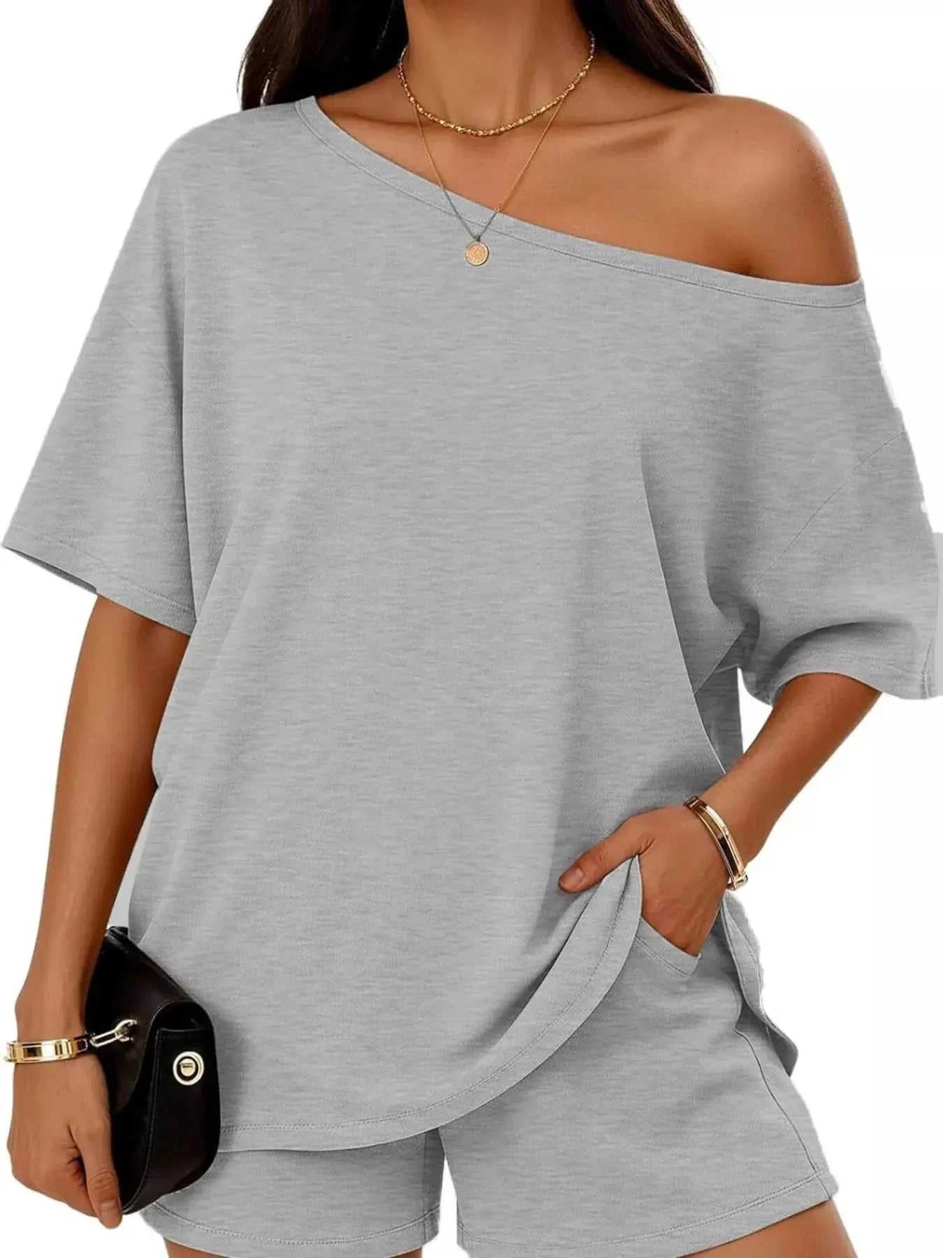 Full Size One Shoulder Top and Shorts Set Plus Size - GlowUp Garments