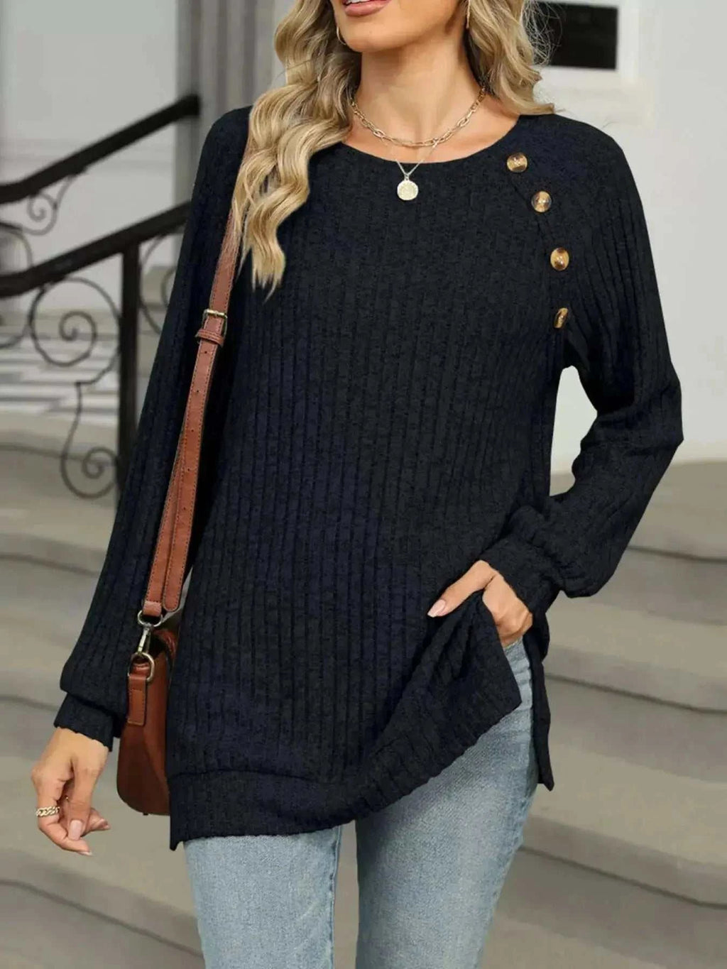 Round Neck Side Slit Ribbed Knit Top with Asymmetric Button Detail - GlowUp Garments