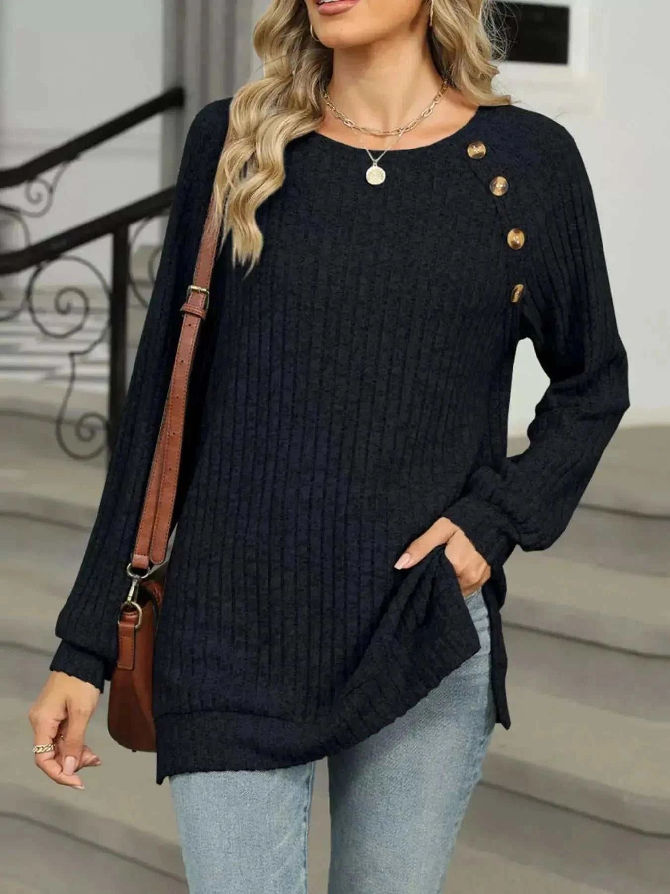 Round Neck Side Slit Ribbed Knit Top with Asymmetric Button Detail - GlowUp Garments