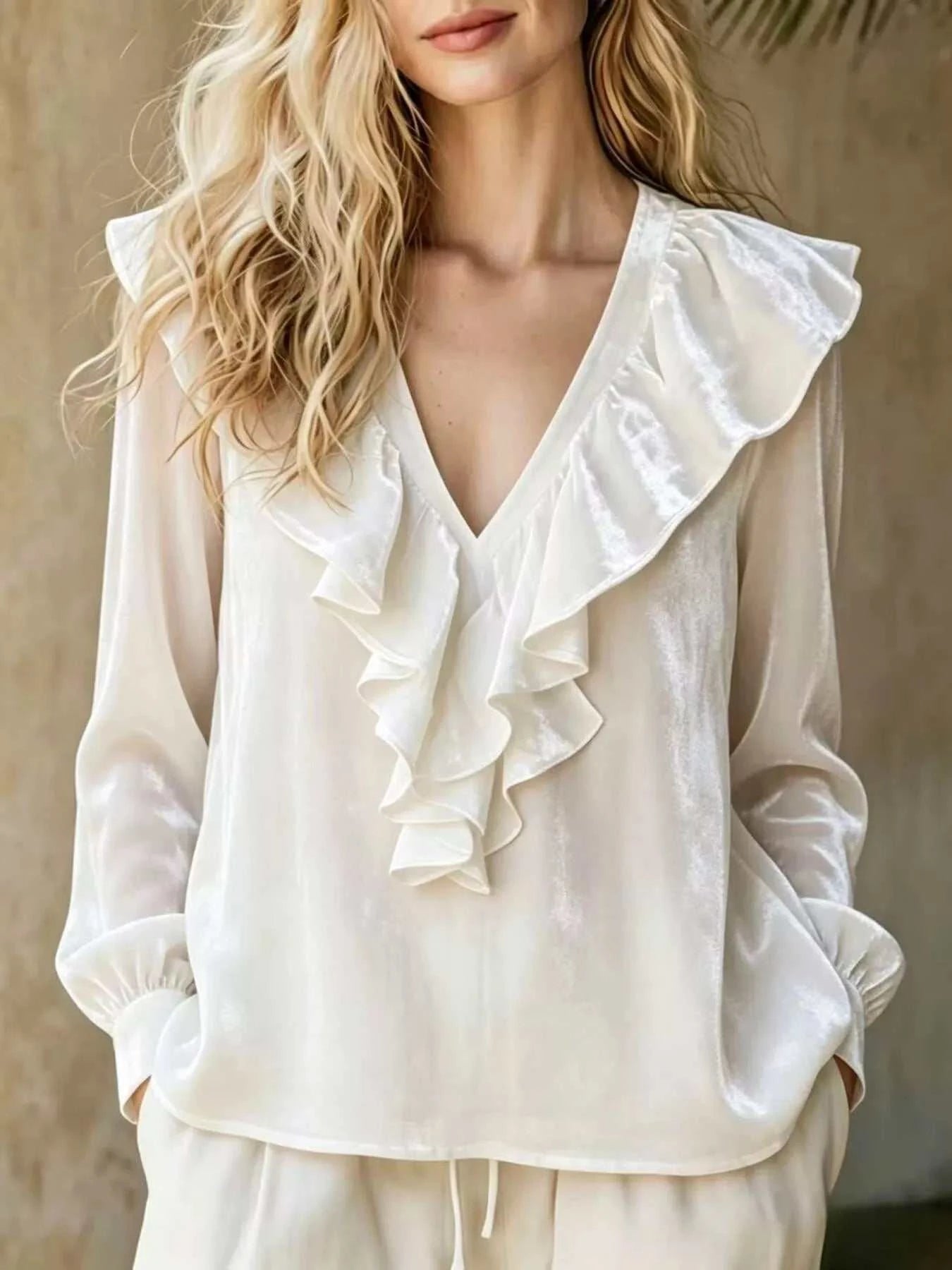 Full Size Ruffled V-Neck Long Sleeve Blouse Plus Size - GlowUp Garments