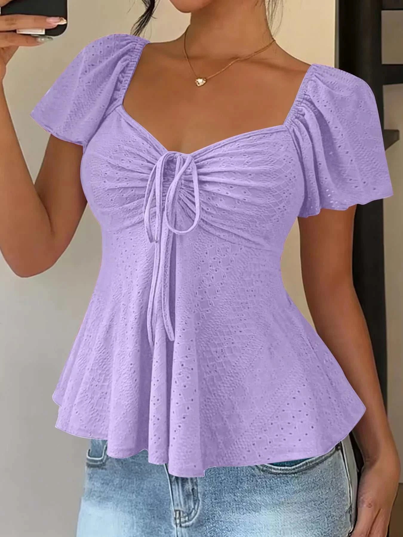 Sweetheart Neck Flutter Sleeve Top - GlowUp Garments