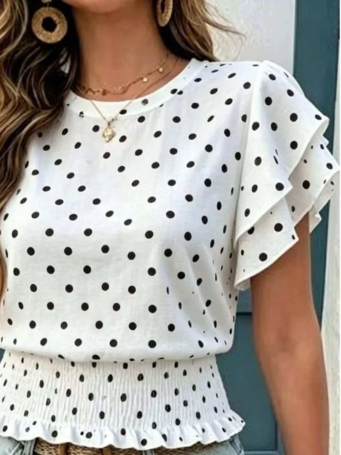 Polka Dot Ruffle Sleeve Blouse - GlowUp Garments