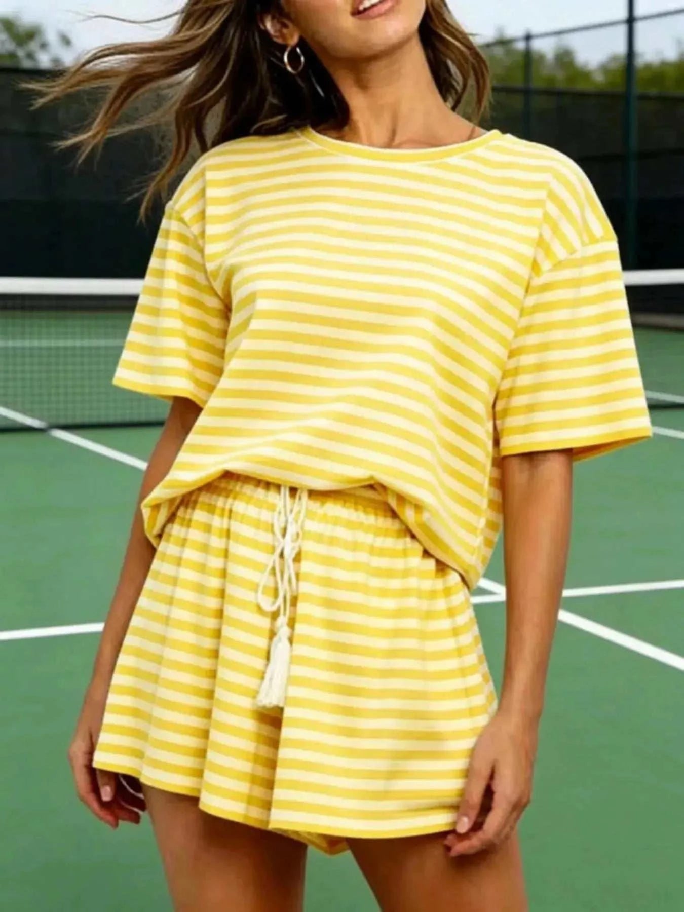 Striped Short Sleeve Tee and Drawstring Shorts Set - GlowUp Garments