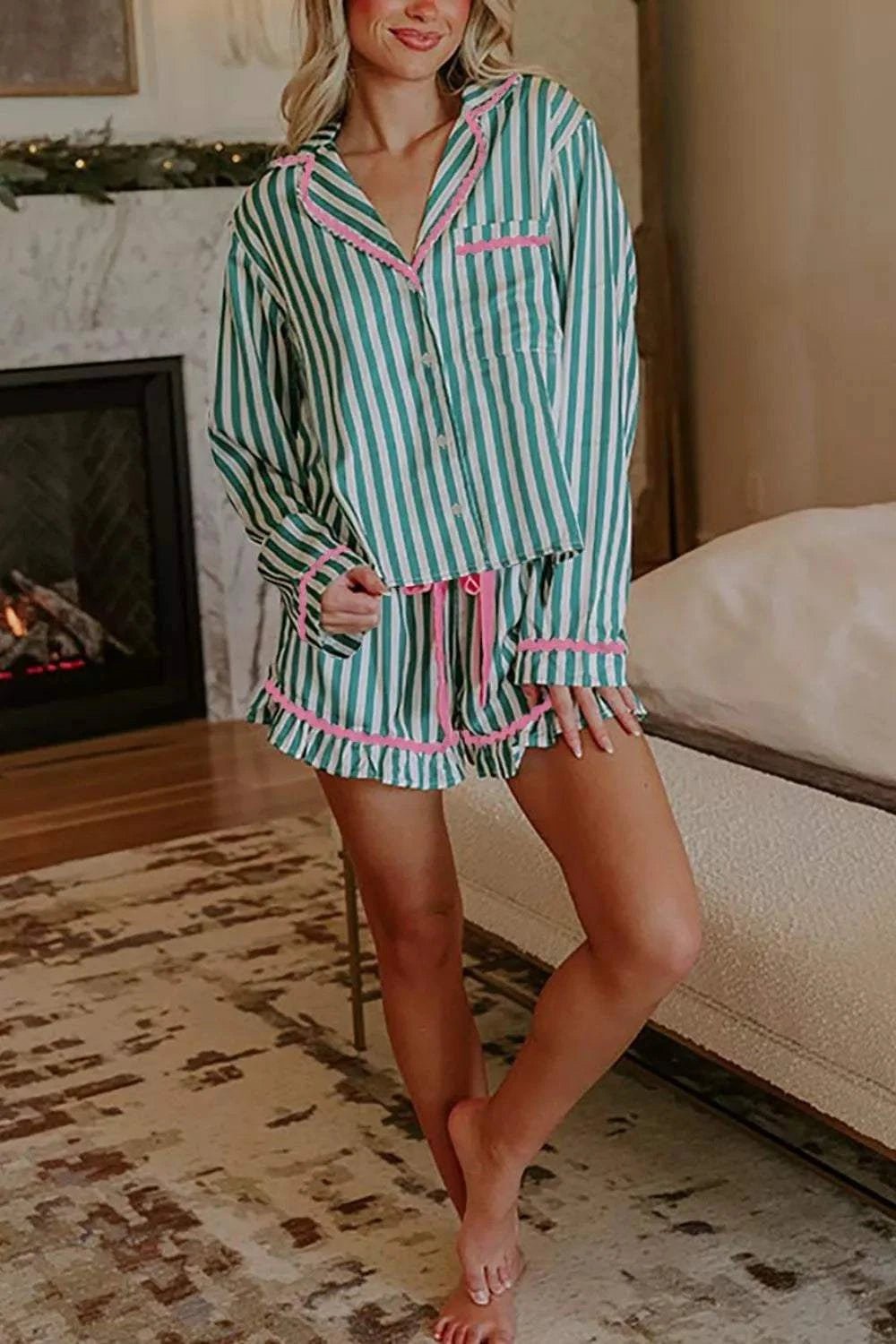 Stripe Contrast Ricrac Trim Long Sleeve Shirt Drawstring Ruffled Pajama Short Set - GlowUp Garments