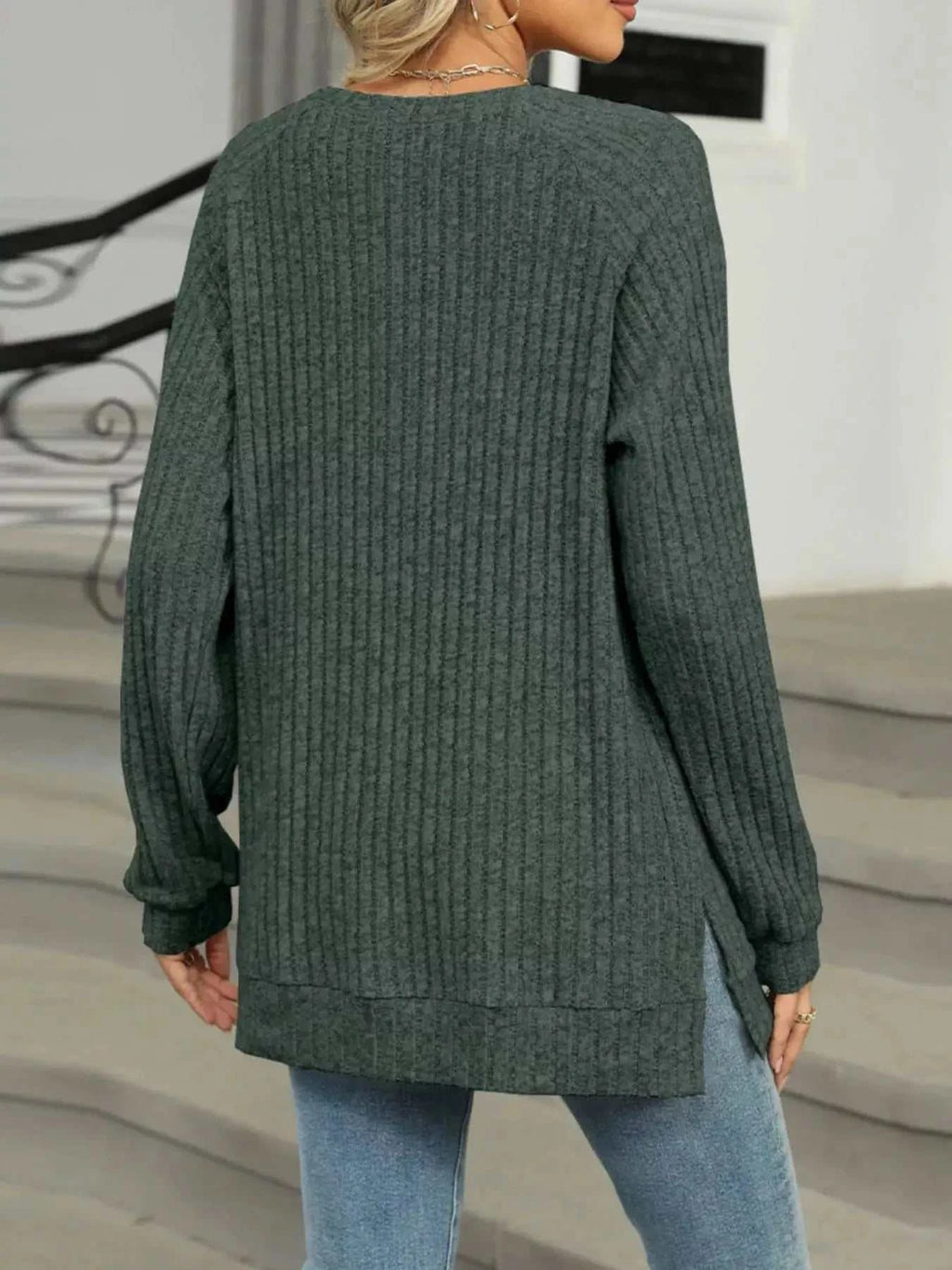 Round Neck Side Slit Ribbed Knit Top with Asymmetric Button Detail - GlowUp Garments