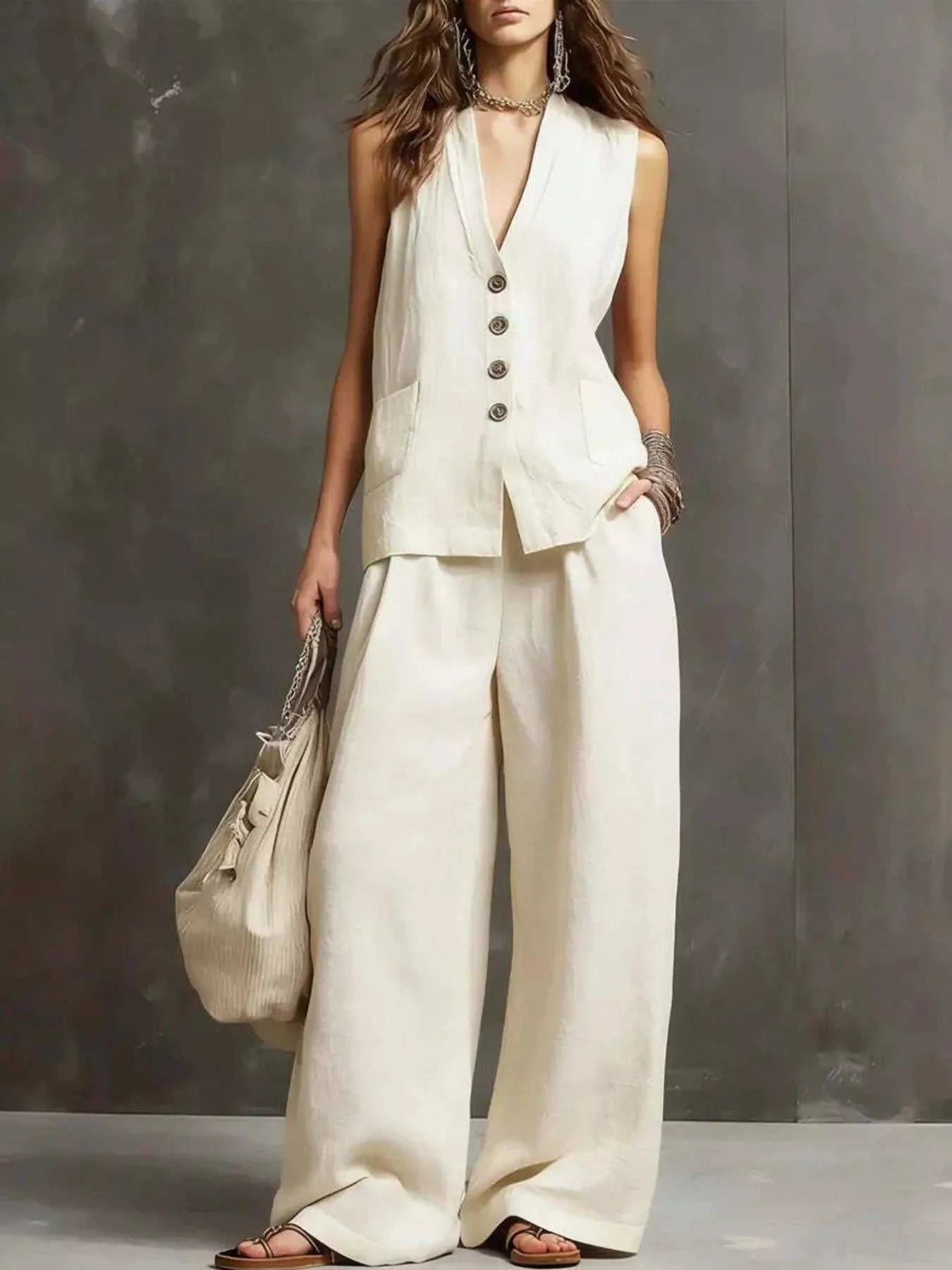 Full Size Sleeveless Vest and Wide-Leg Pants Set Plus SIze - GlowUp Garments