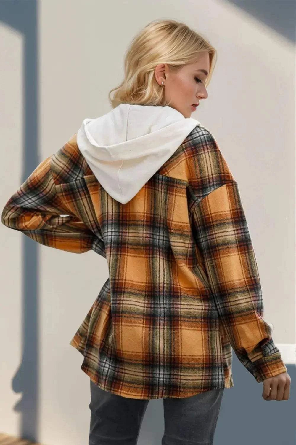 Drawstring Plaid Long Sleeve Hooded Shacket - GlowUp Garments