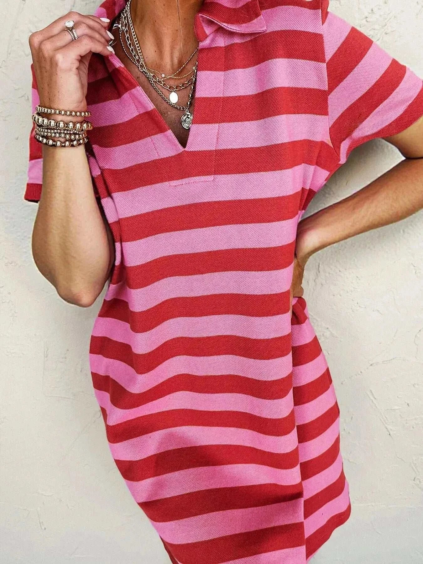 Striped Johnny Collar Short Sleeve Dress - GlowUp Garments