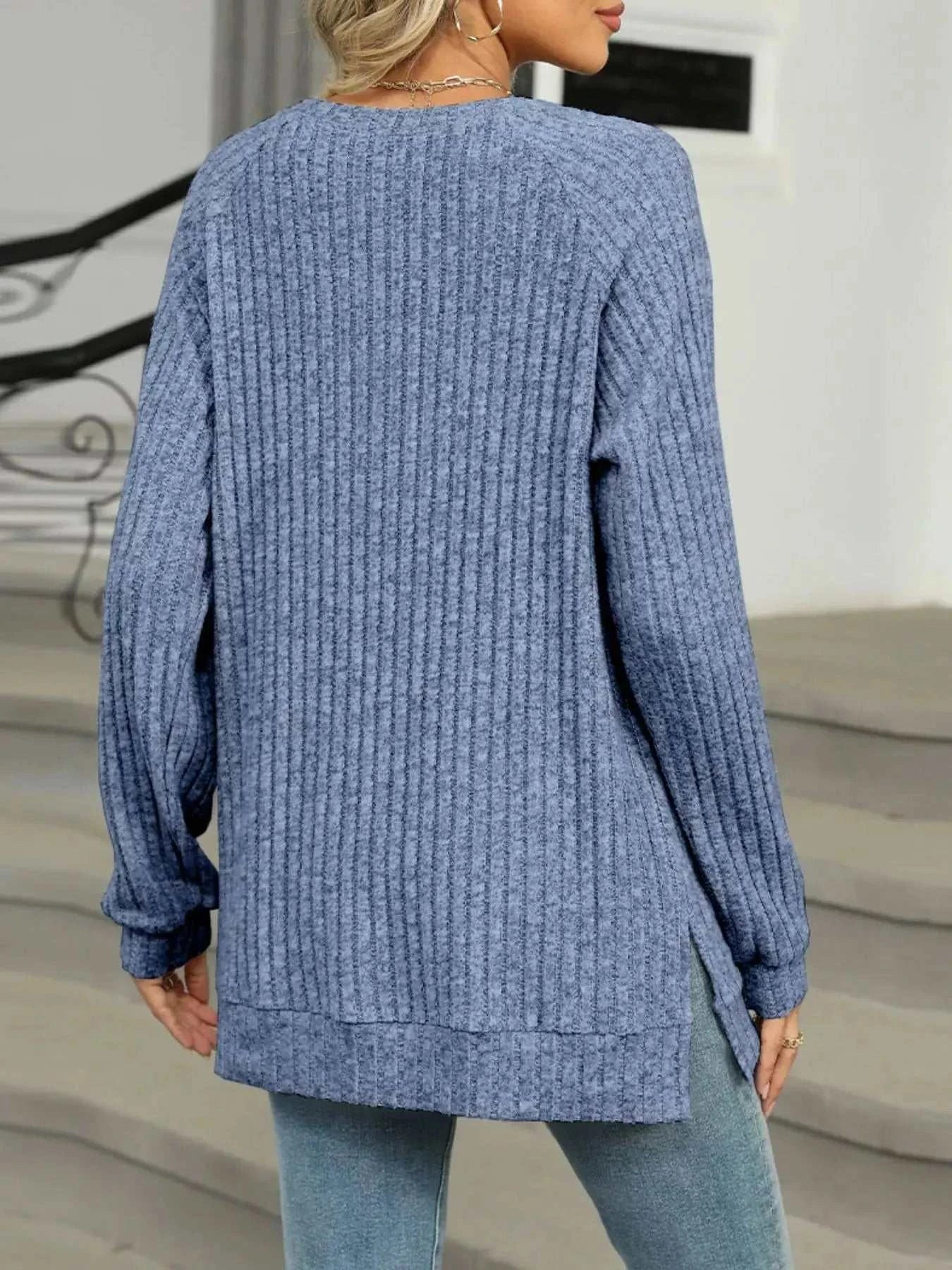 Round Neck Side Slit Ribbed Knit Top with Asymmetric Button Detail - GlowUp Garments
