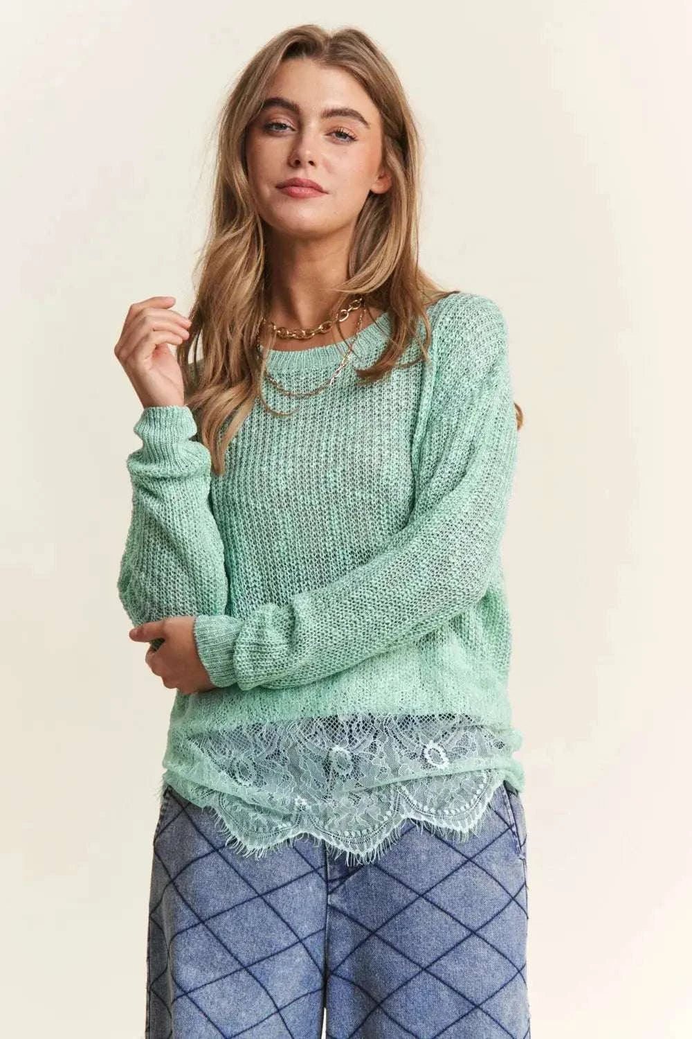 Lace Detail Long Sleeve Knit Top - GlowUp Garments