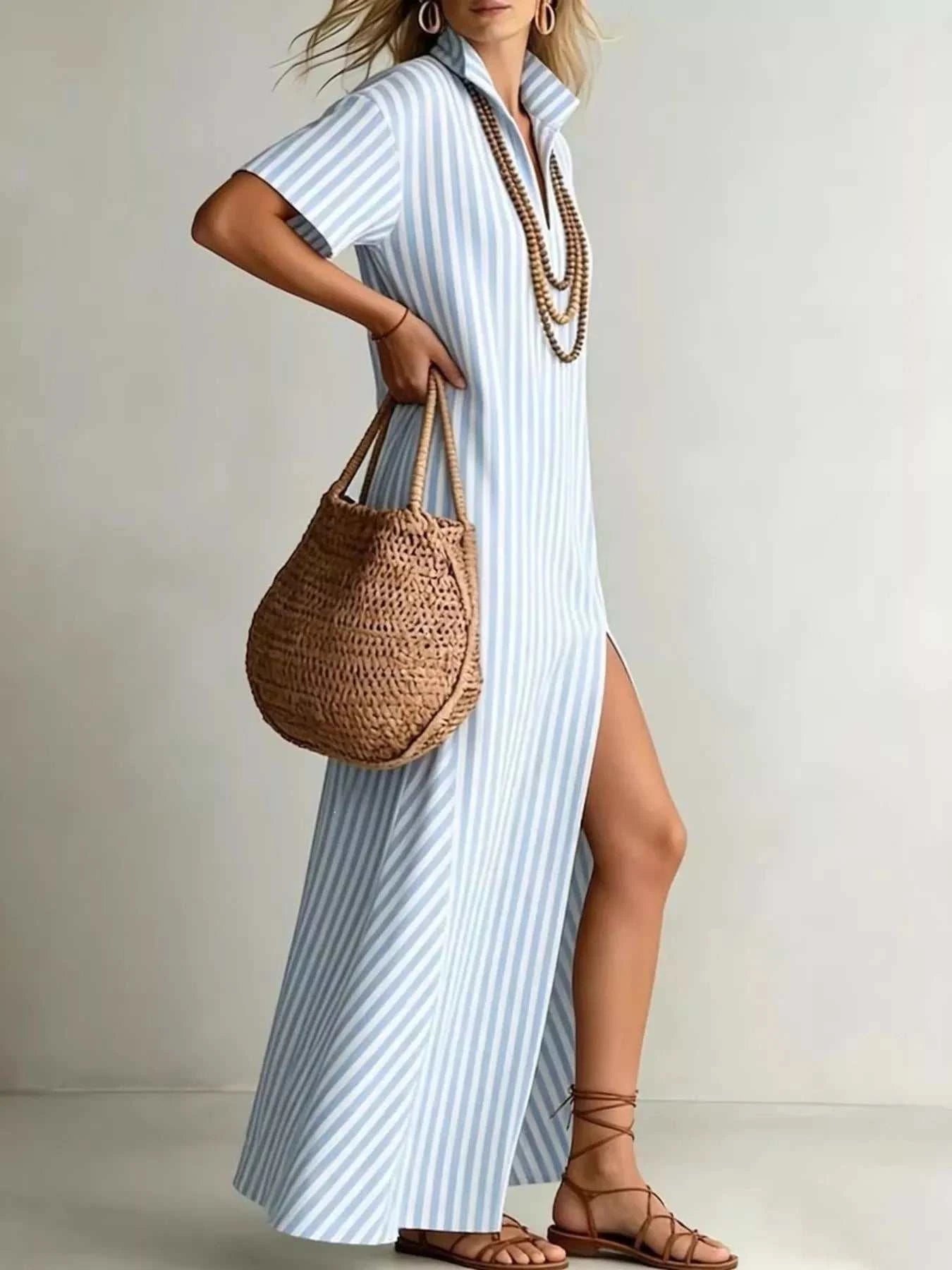 Full Size Striped Maxi Dress with Side Slit Plus SIze - GlowUp Garments