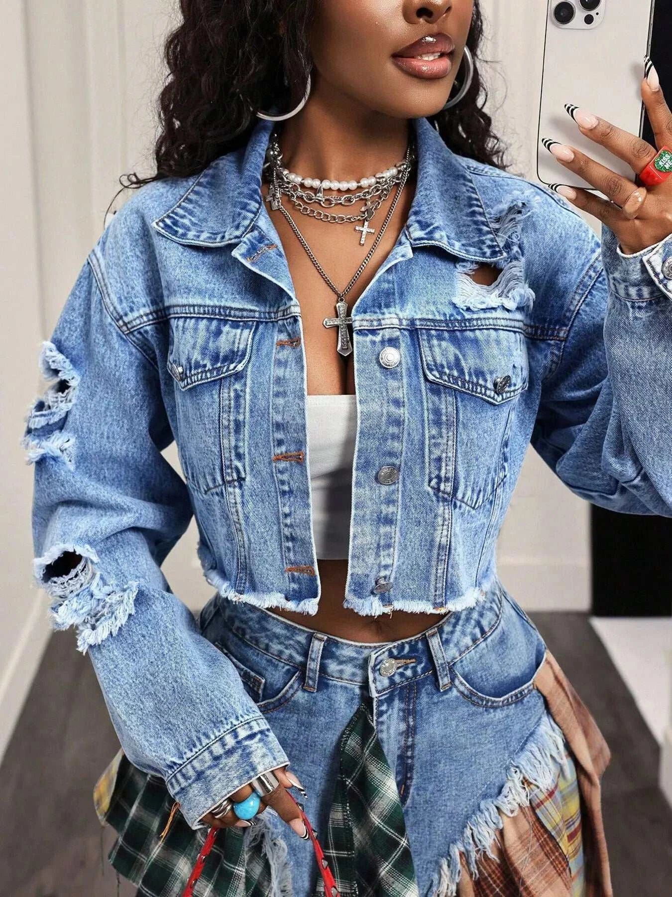 Distressed Cropped Denim Jacket - GlowUp Garments