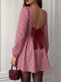 Backless Plaid Long Sleeve Dress - GlowUp Garments