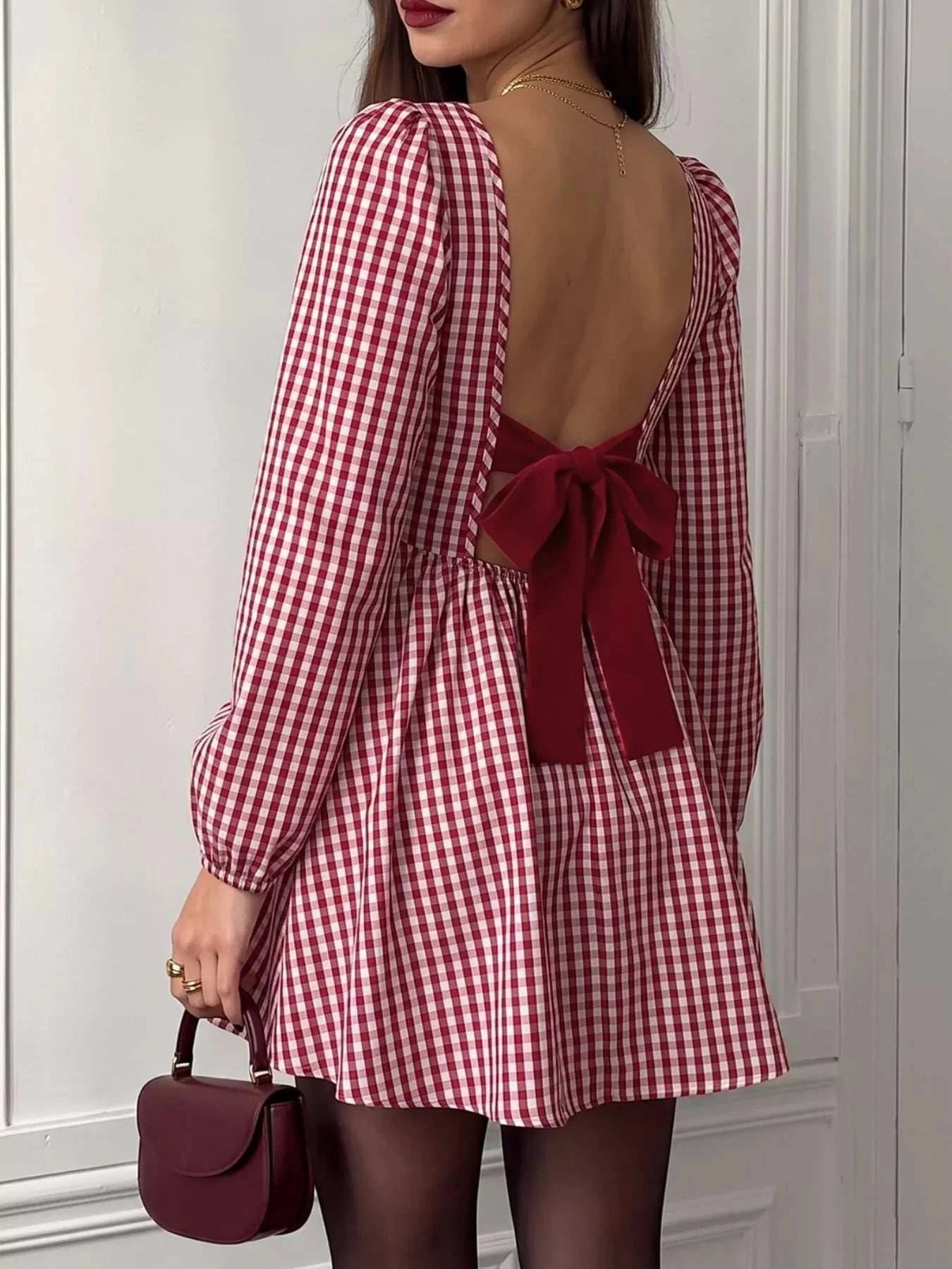 Backless Plaid Long Sleeve Dress - GlowUp Garments