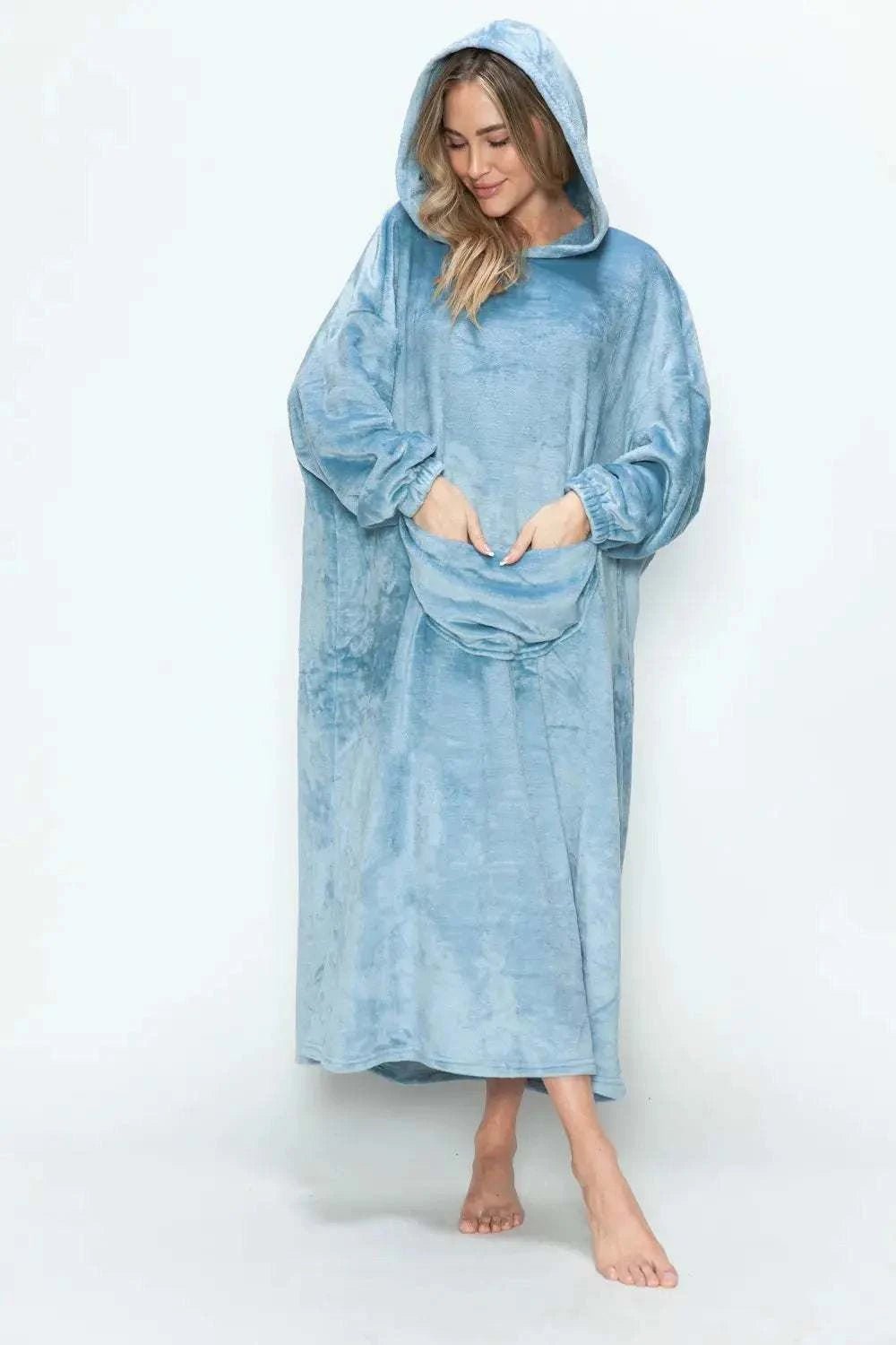 Double Take Full Size Pocketed Hooded Midi Lounge Dress - GlowUp Garments