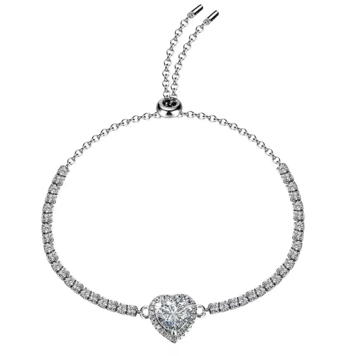 2 Carat 925 Sterling Silver Moissanite Chain Heart Bracelet - GlowUp Garments