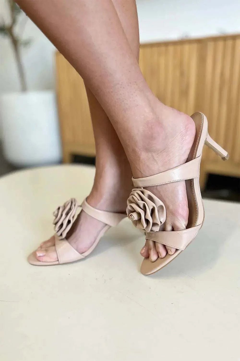 Weeboo Flower PU Leather Stiletto Heel Sandals - GlowUp Garments