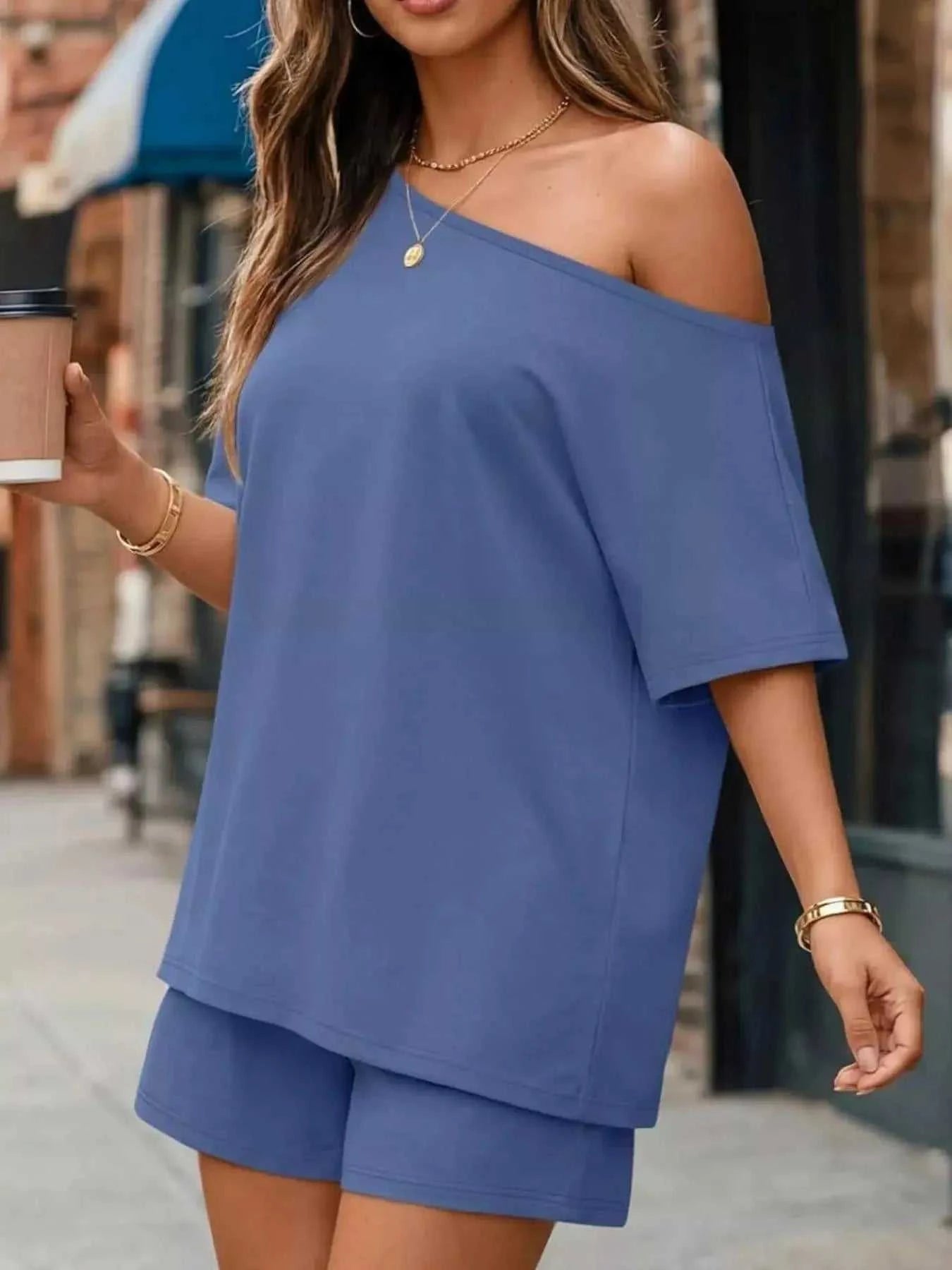 Full Size One Shoulder Top and Shorts Set Plus Size - GlowUp Garments