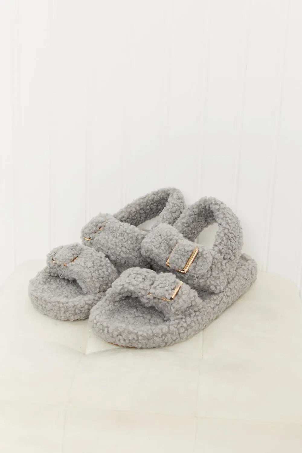 Qupid Cozy Atmosphere Faux Fur Buckled Sandals in Grey - GlowUp Garments