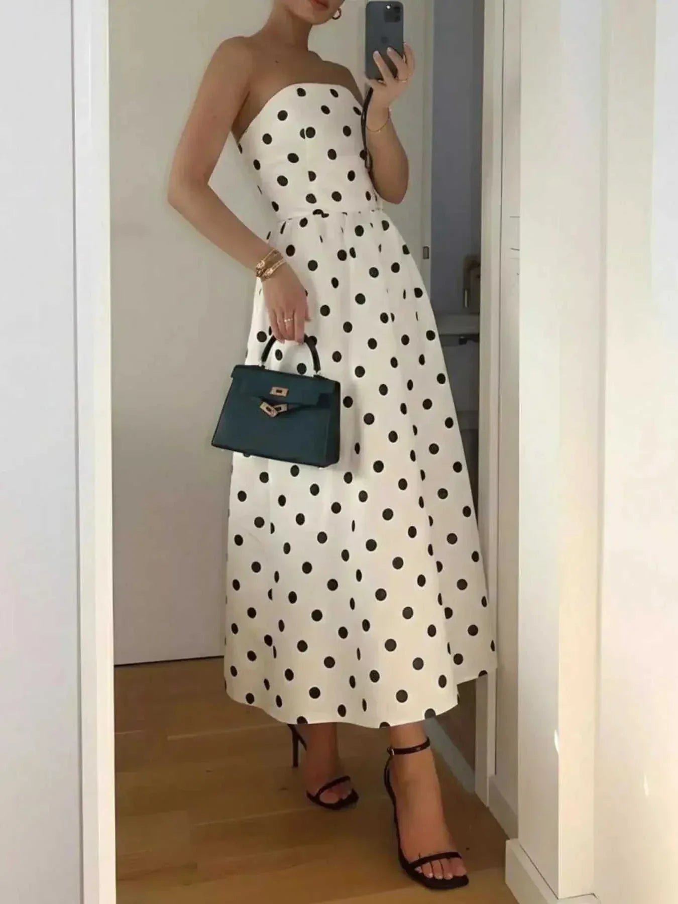 Polka Dot Strapless Midi Dress - GlowUp Garments