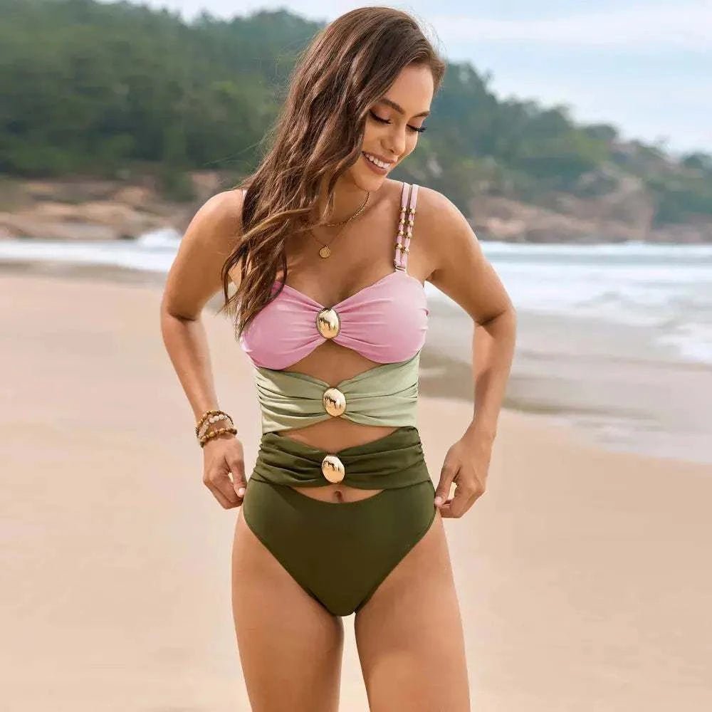 Color Block Sweetheart Neck One-Piece Swimwear - GlowUp Garments