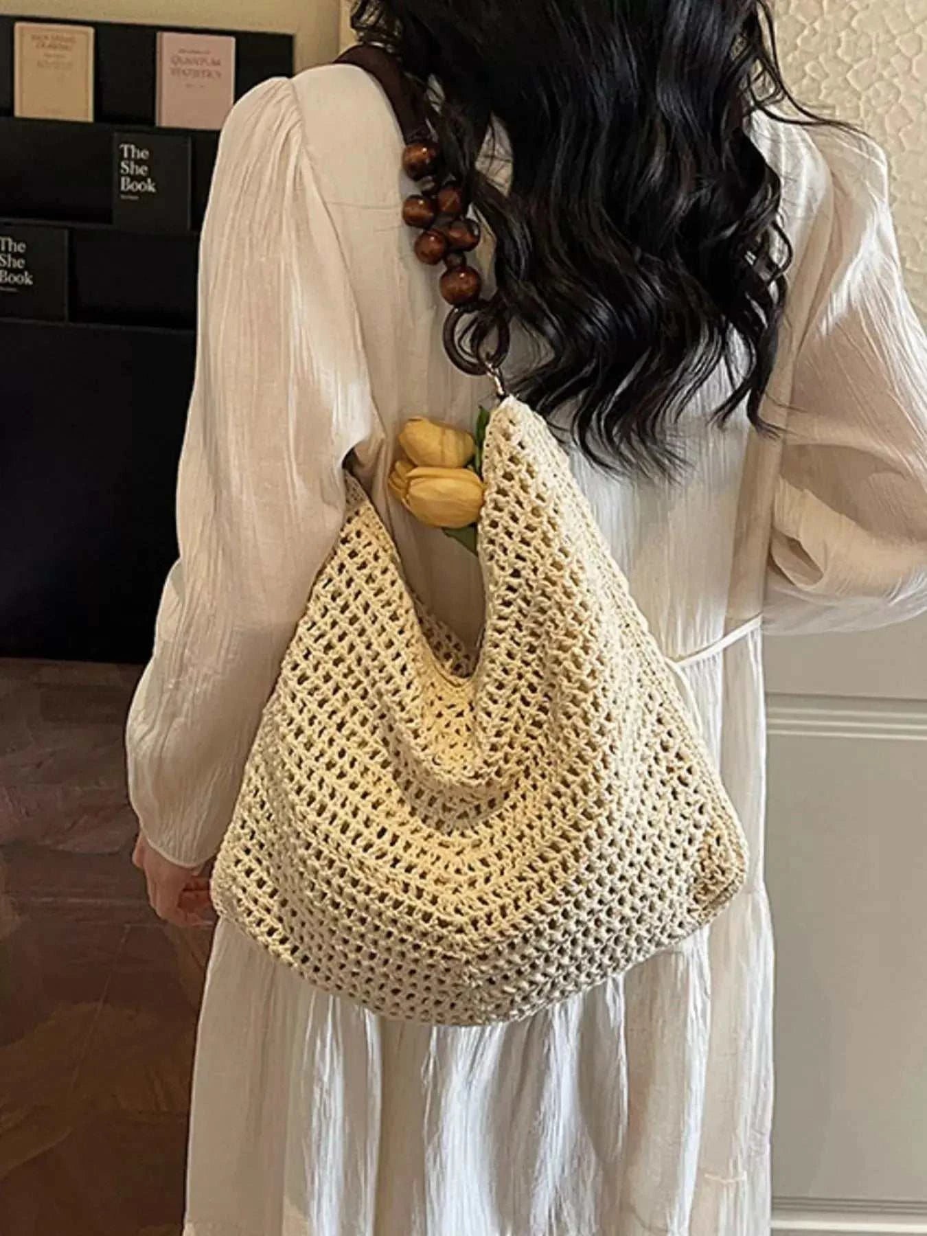 Knitted Shoulder Bag with Wooden Bead Handle - GlowUp Garments