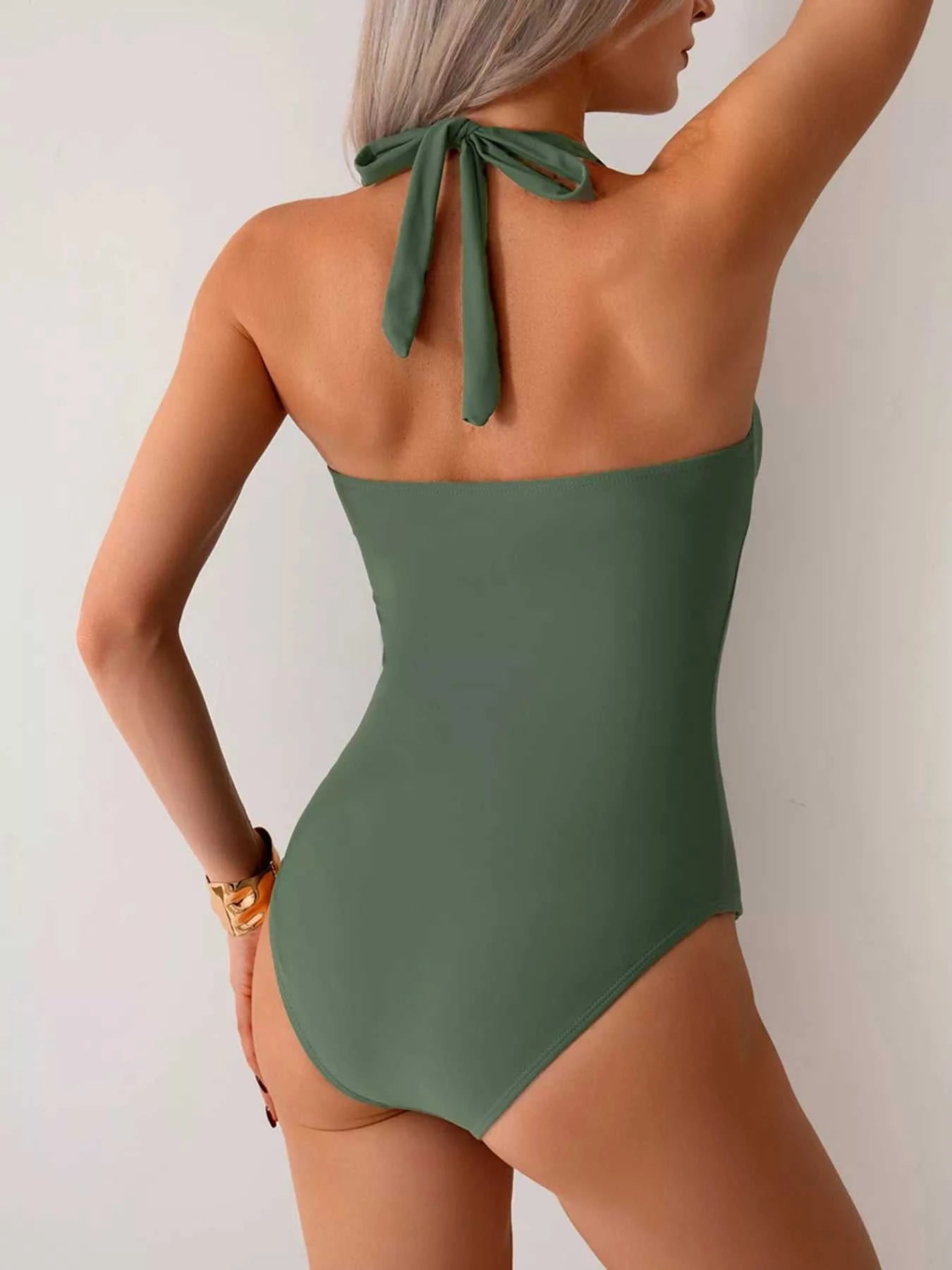 Twisted Front Halter Neck Ruched One-Piece Swimsuit - GlowUp Garments