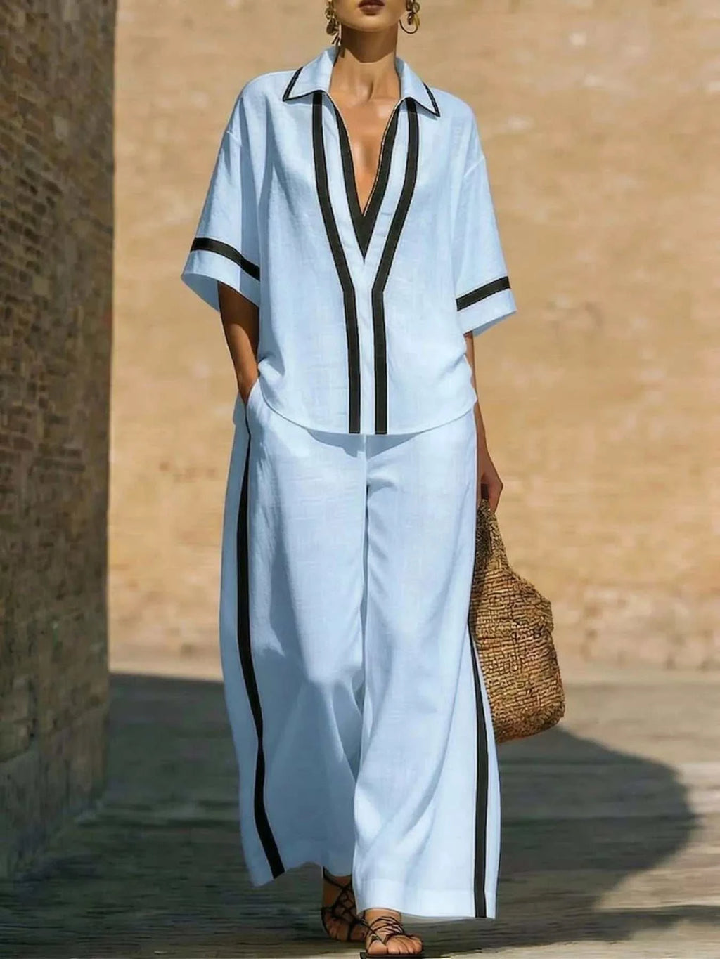 Full Size Contrast Trim Top and Pants Set Plus Size - GlowUp Garments