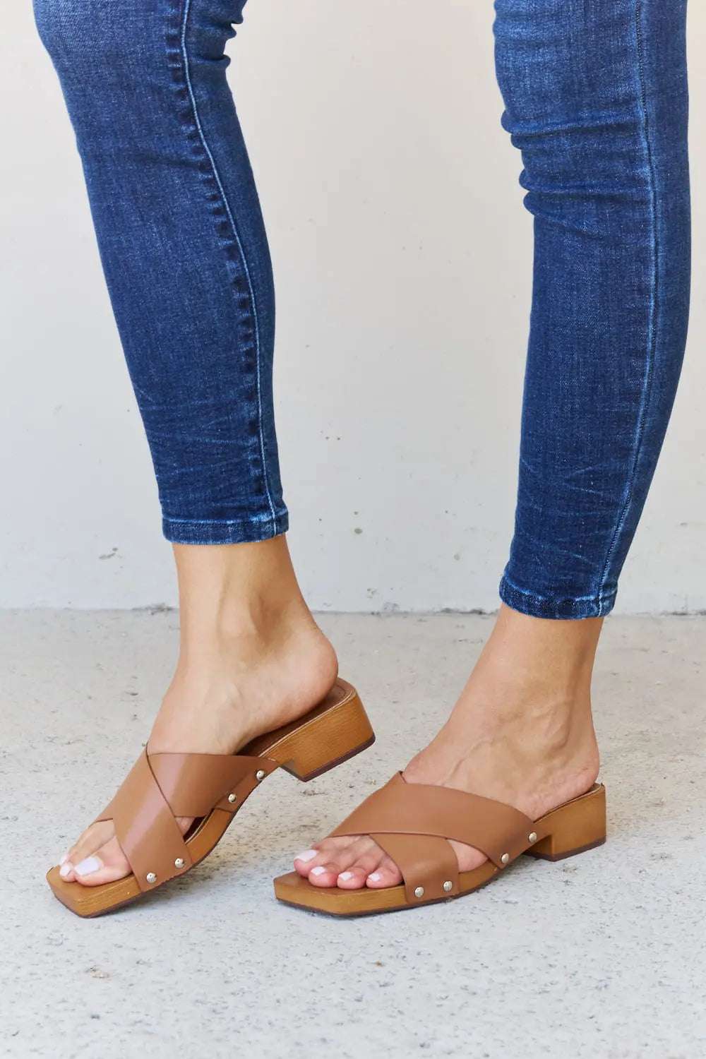 Weeboo Step Into Summer Criss Cross Wooden Clog Mule in Brown - GlowUp Garments