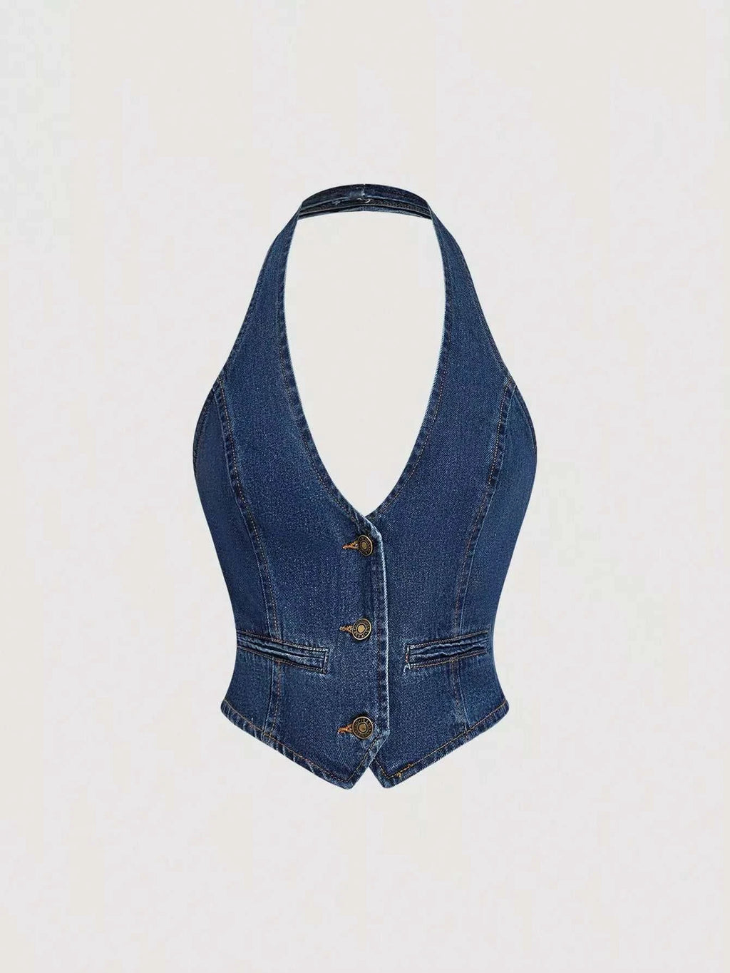Halter Neck Denim Vest and Wide-Leg Jeans Set - GlowUp Garments