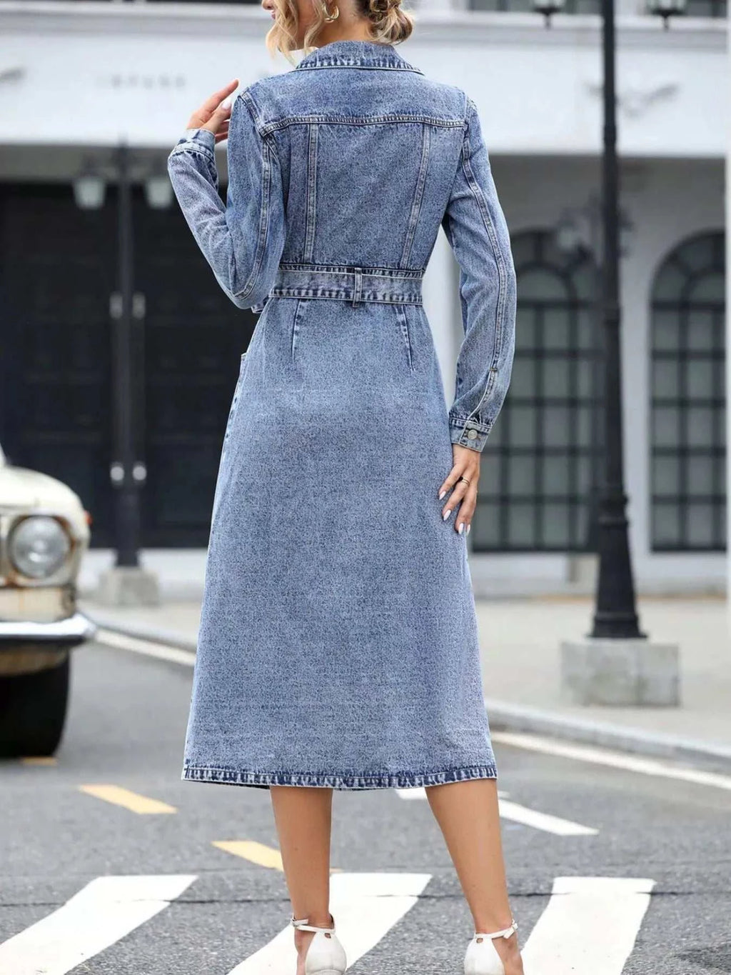 Belted Long Sleeve Denim Dress - GlowUp Garments