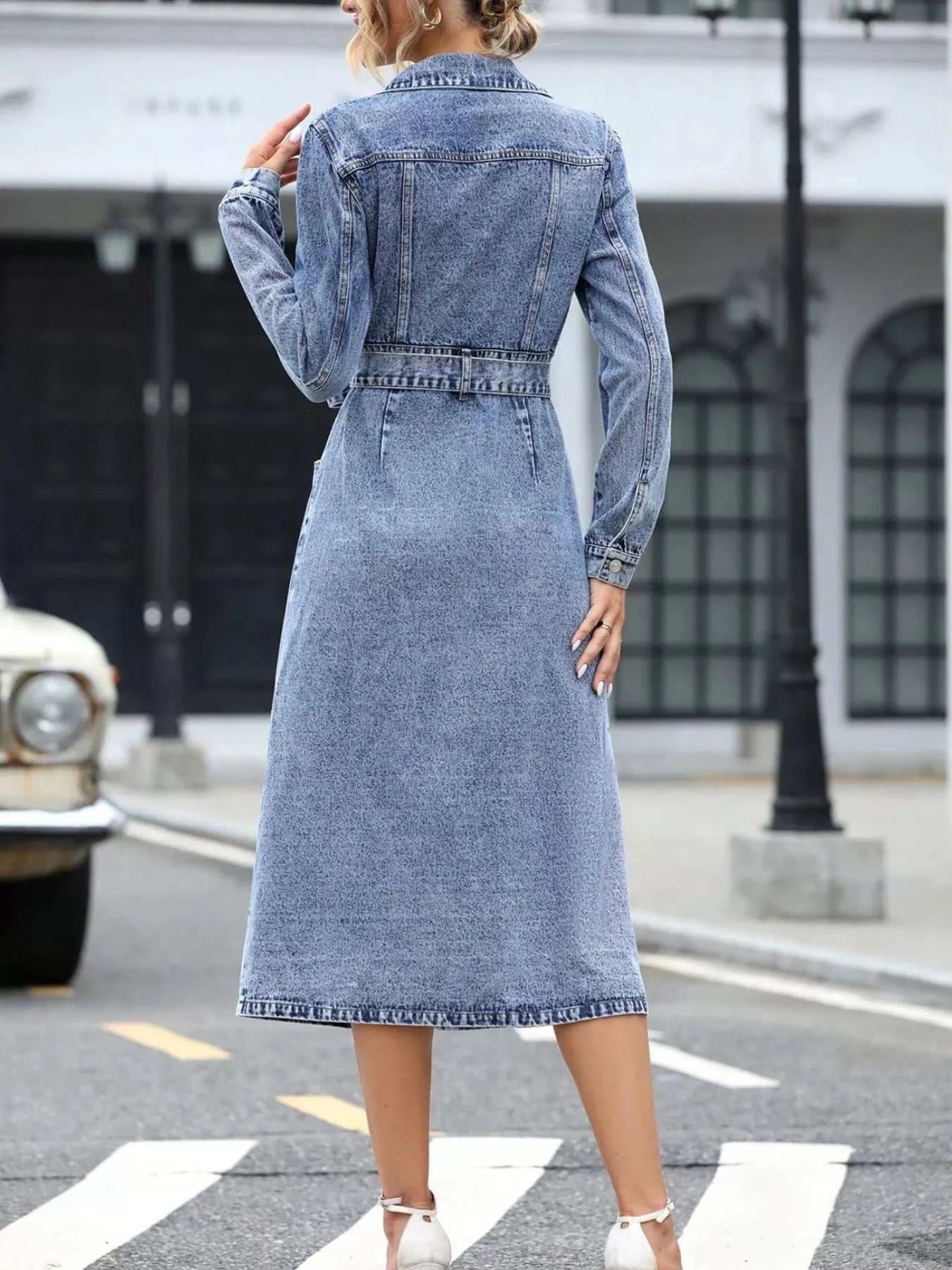 Belted Long Sleeve Denim Dress - GlowUp Garments