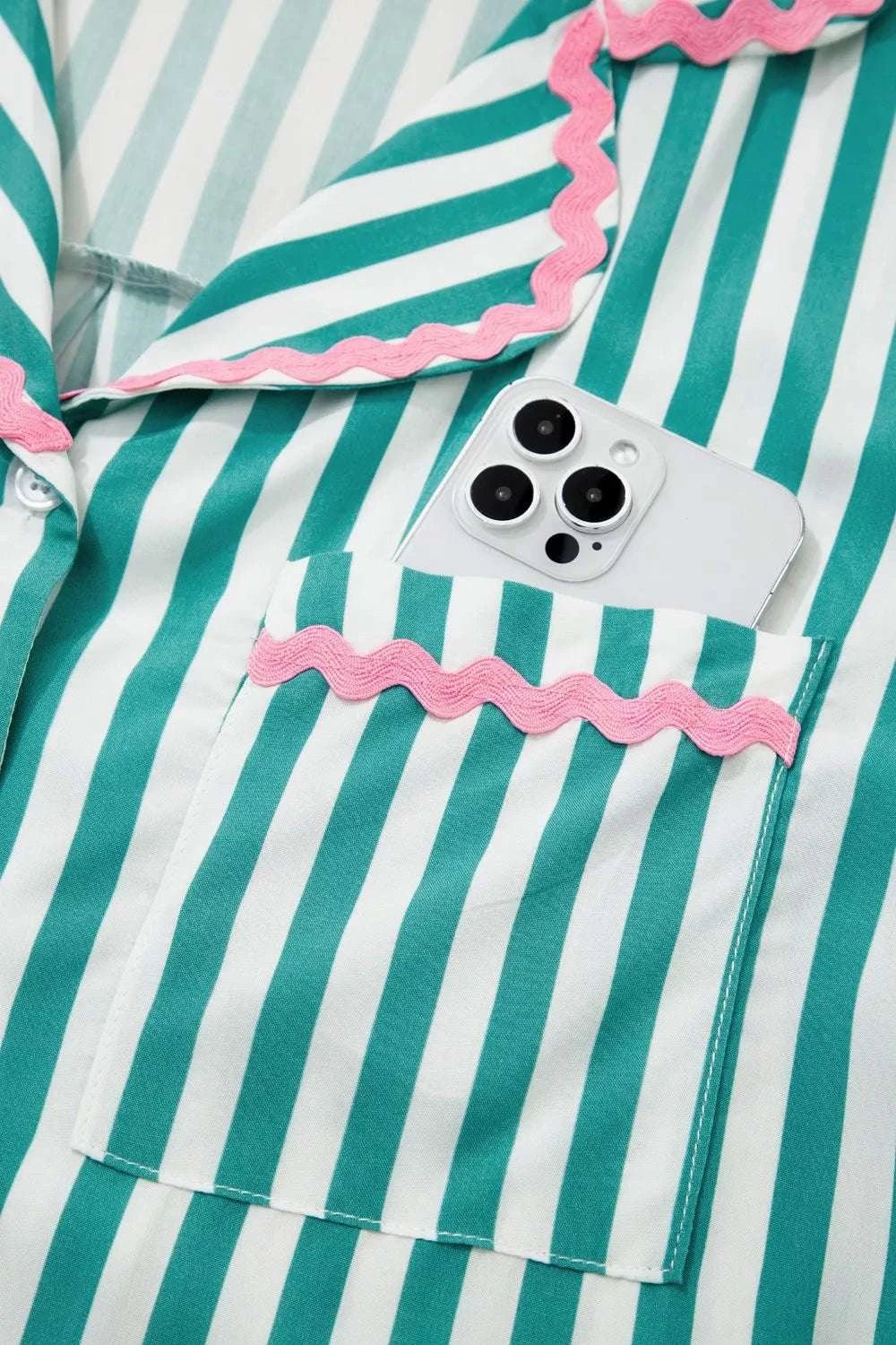 Stripe Contrast Ricrac Trim Long Sleeve Shirt Drawstring Ruffled Pajama Short Set - GlowUp Garments