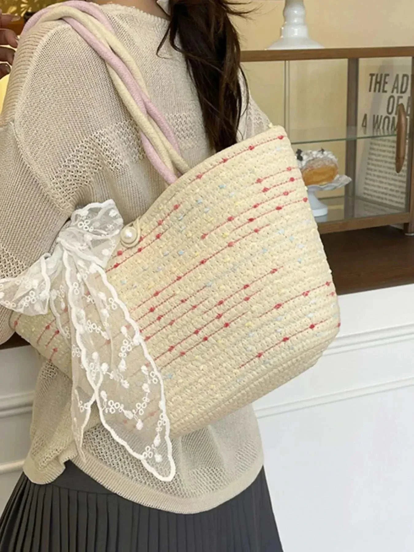 Woven Straw Shoulder Bag with Lace Bow Detail - GlowUp Garments