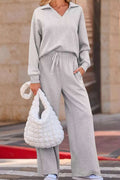Solid Color V Neck Top and High Waist Pants Set - GlowUp Garments