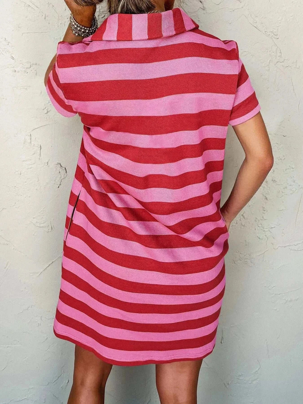Striped Johnny Collar Short Sleeve Dress - GlowUp Garments