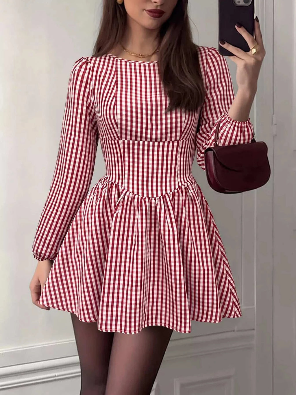 Backless Plaid Long Sleeve Dress - GlowUp Garments