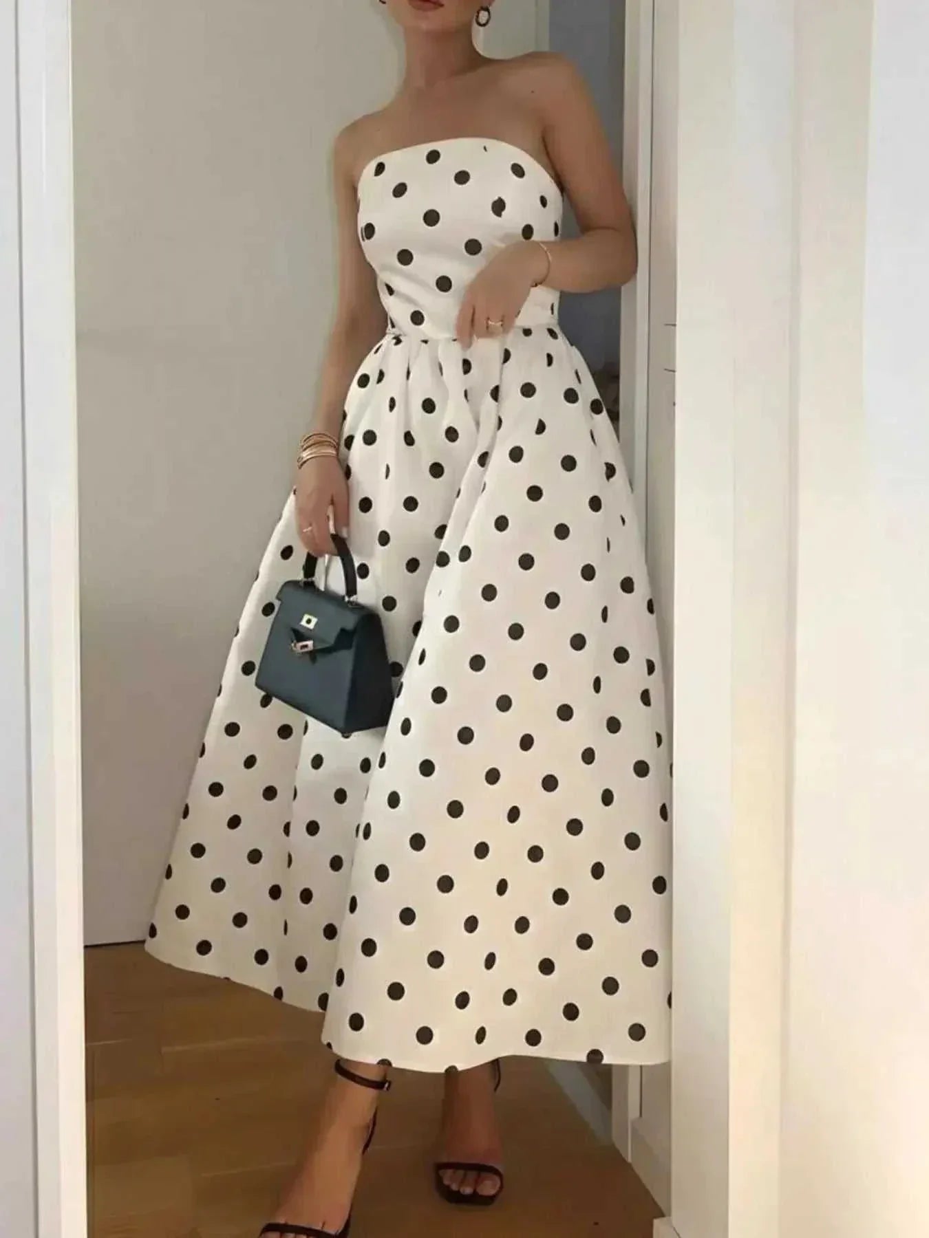 Polka Dot Strapless Midi Dress - GlowUp Garments