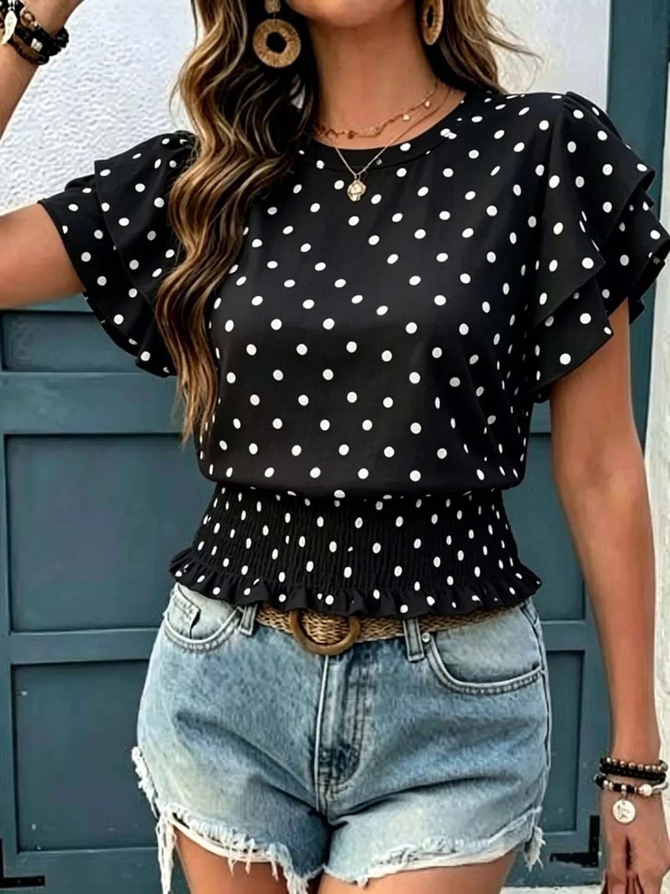 Polka Dot Ruffle Sleeve Blouse - GlowUp Garments