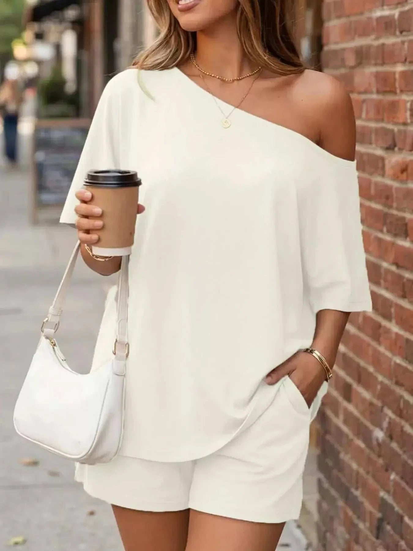 Full Size One Shoulder Top and Shorts Set Plus Size - GlowUp Garments