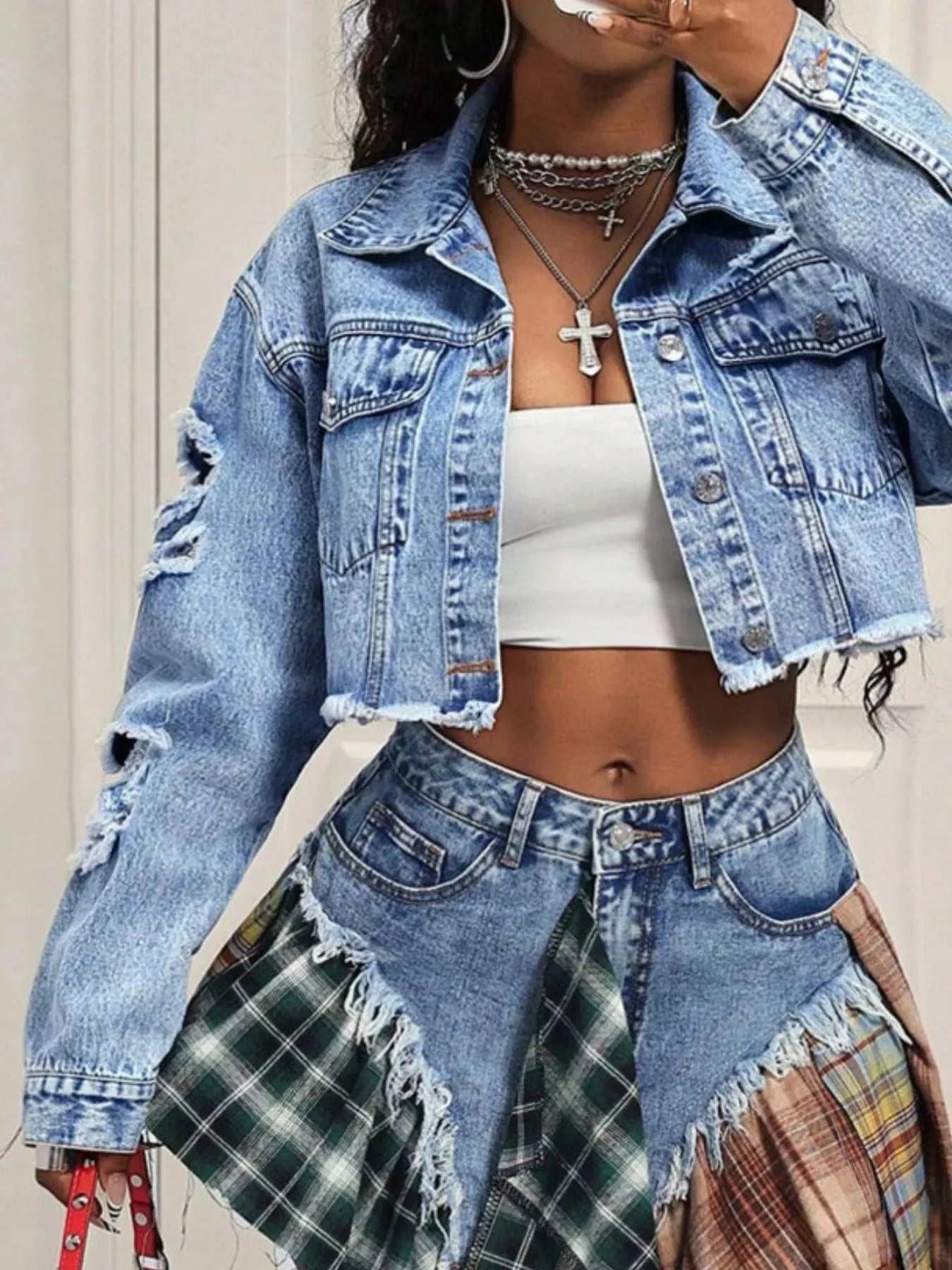 Distressed Cropped Denim Jacket - GlowUp Garments