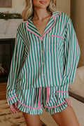 Stripe Contrast Ricrac Trim Long Sleeve Shirt Drawstring Ruffled Pajama Short Set - GlowUp Garments