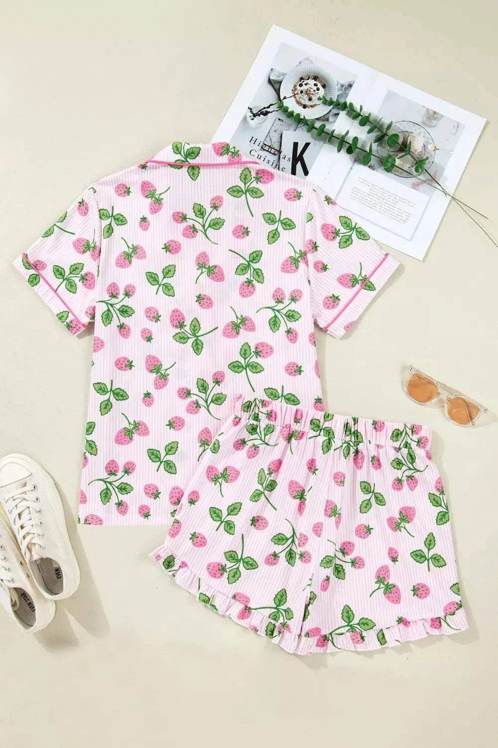Striped Strawberry Print Lapel Shirt Drawstring Shorts 2pcs Pajama Set - GlowUp Garments