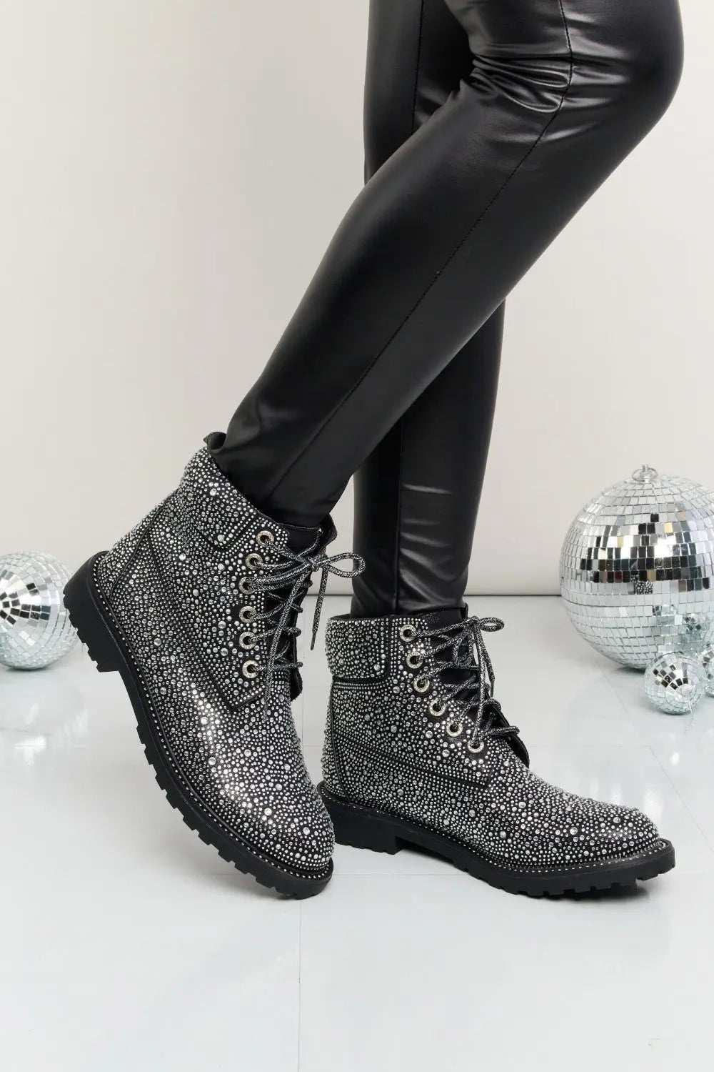 Forever Link Rhinestone Lace-Up Combat Boots - GlowUp Garments