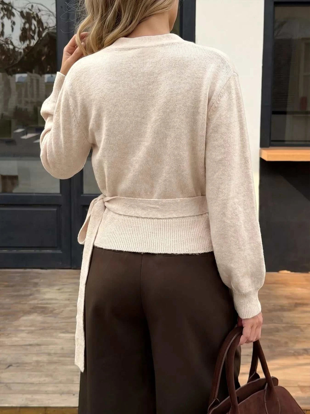Tied Surplice Long Sleeve Sweater - GlowUp Garments
